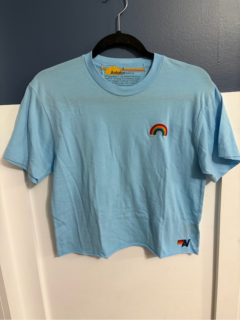 Aviator Nation Women's Rainbow Embroidery Boyfriend Tee Sky Blue Size Small NWOT